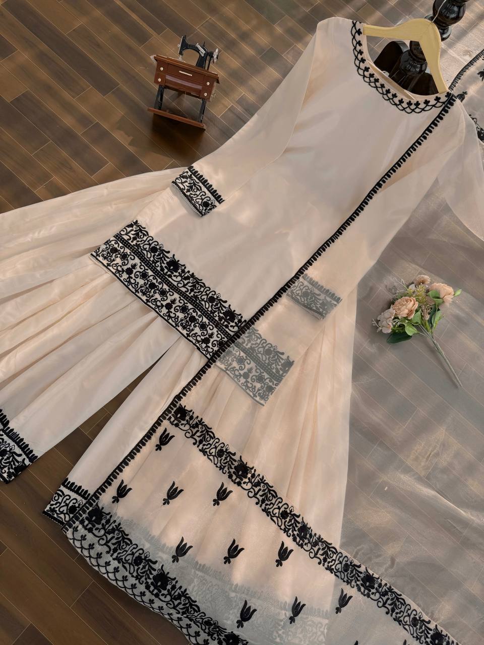 Ivory White Printed Kurta Sharara Set with Black Border Dupatta
