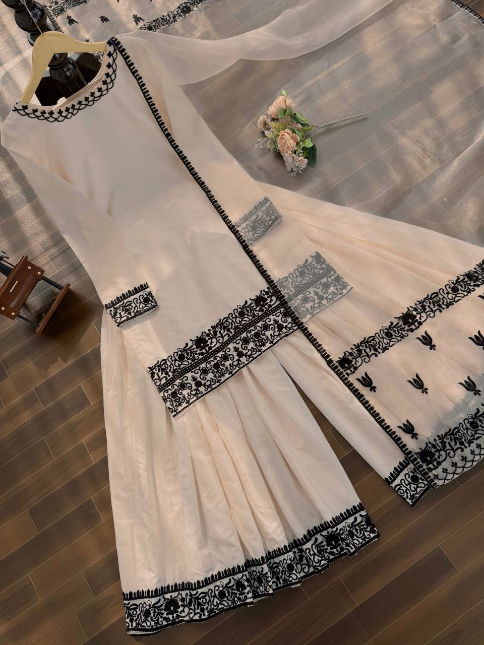 Ivory White Printed Kurta Sharara Set with Black Border Dupatta