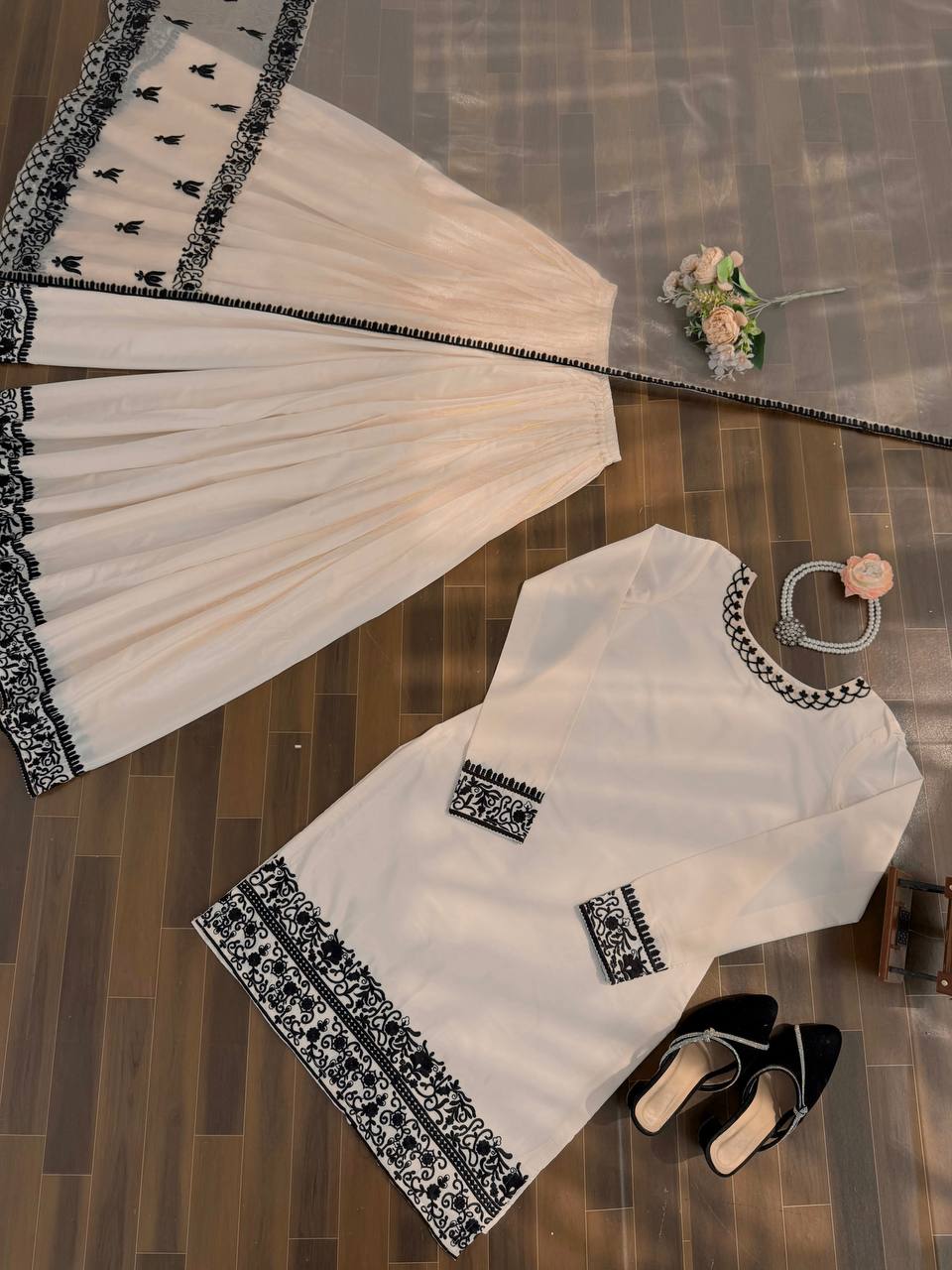 Ivory White Printed Kurta Sharara Set with Black Border Dupatta