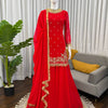 Red Embroidered Kurta Set with Fringe Border Dupatta & Palazzo