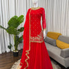 Red Embroidered Kurta Set with Fringe Border Dupatta & Palazzo
