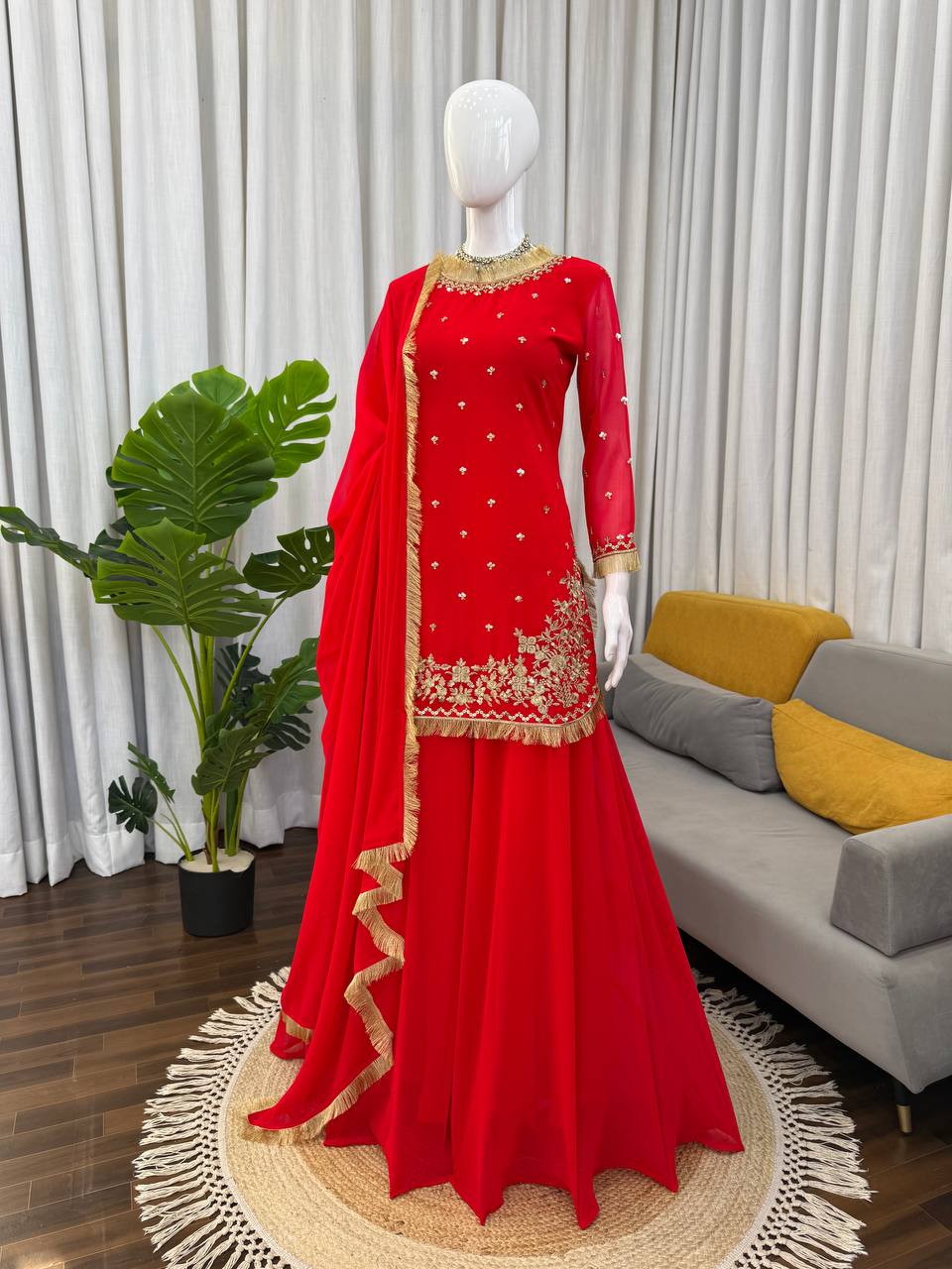 Red Embroidered Kurta Set with Fringe Border Dupatta & Palazzo