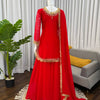 Red Embroidered Kurta Set with Fringe Border Dupatta & Palazzo