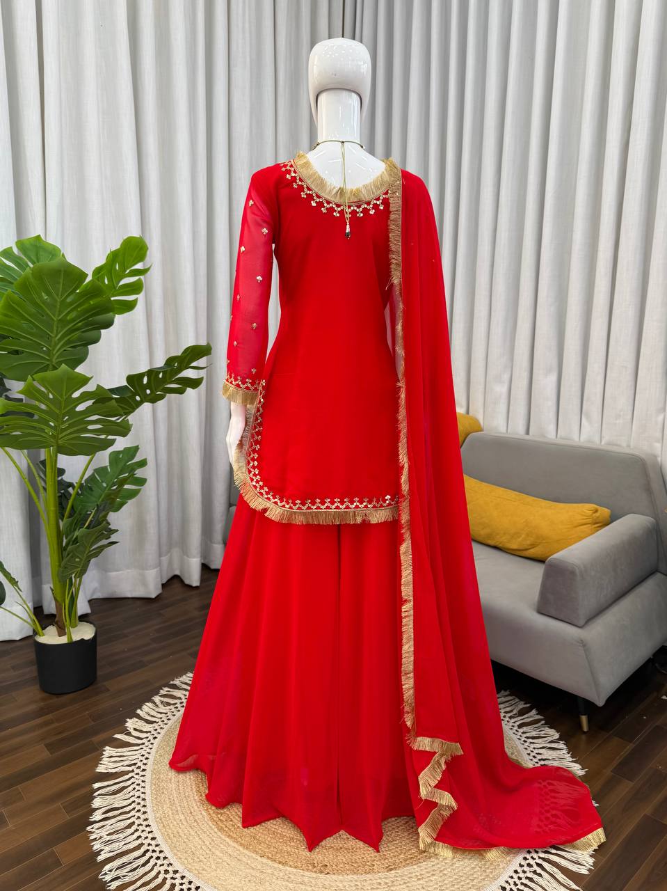 Red Embroidered Kurta Set with Fringe Border Dupatta & Palazzo