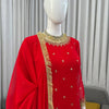 Red Embroidered Kurta Set with Fringe Border Dupatta & Palazzo