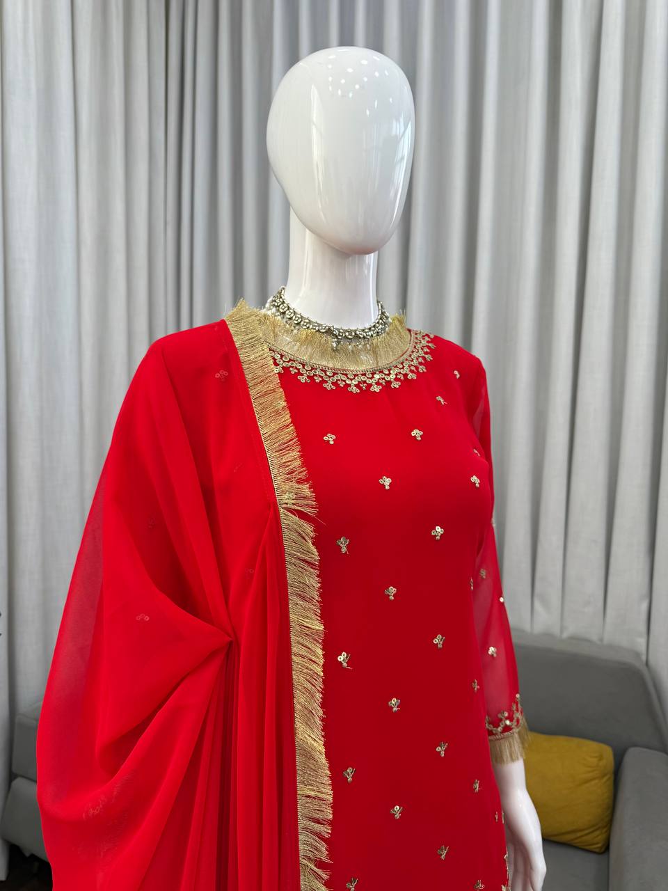 Red Embroidered Kurta Set with Fringe Border Dupatta & Palazzo