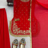 Red Embroidered Kurta Set with Fringe Border Dupatta & Palazzo