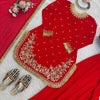 Red Embroidered Kurta Set with Fringe Border Dupatta & Palazzo