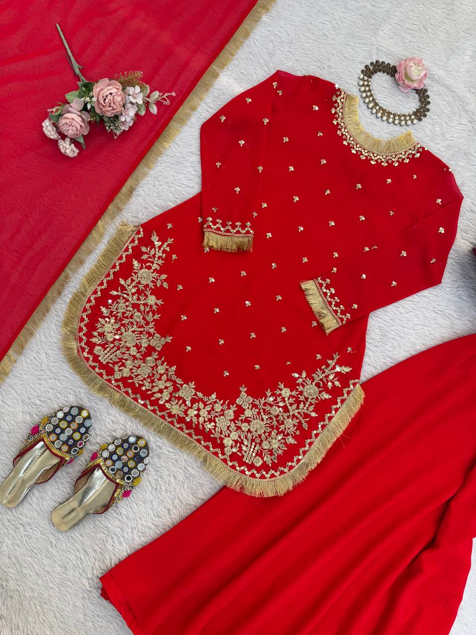Red Embroidered Kurta Set with Fringe Border Dupatta & Palazzo