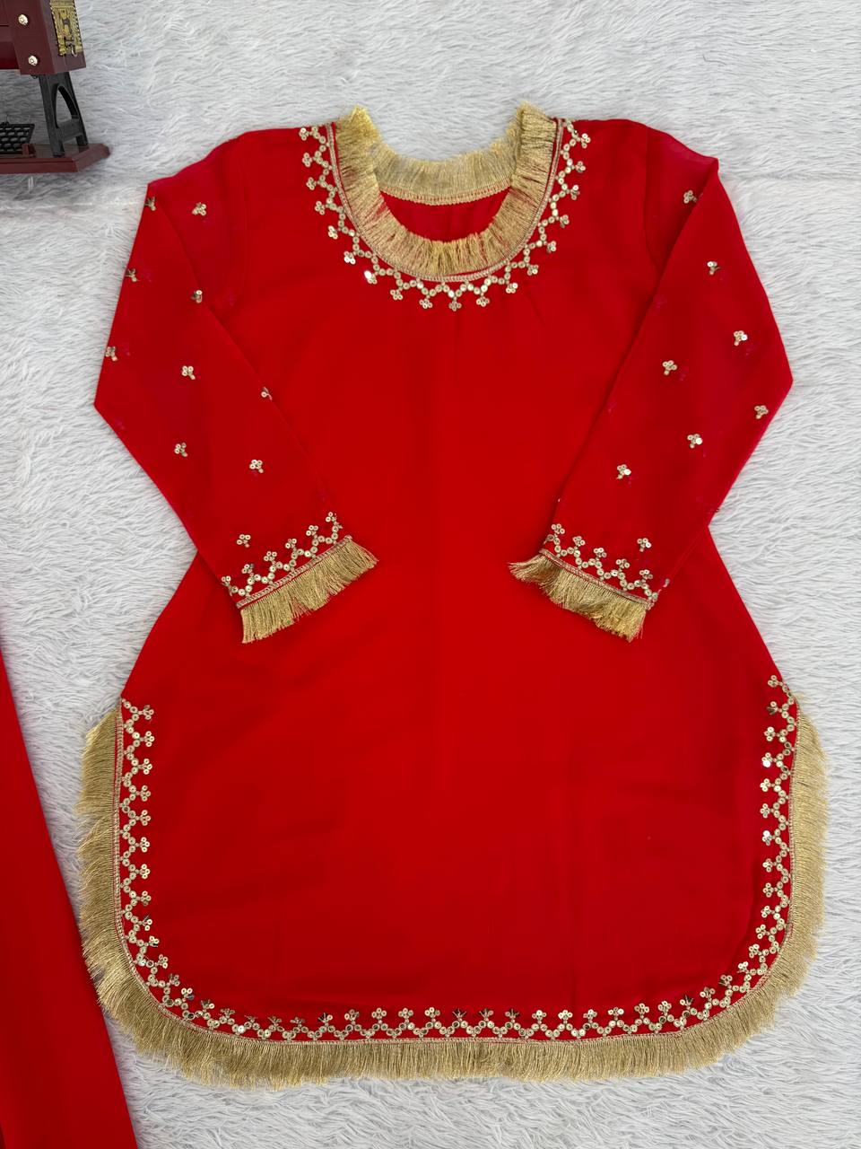 Red Embroidered Kurta Set with Fringe Border Dupatta & Palazzo