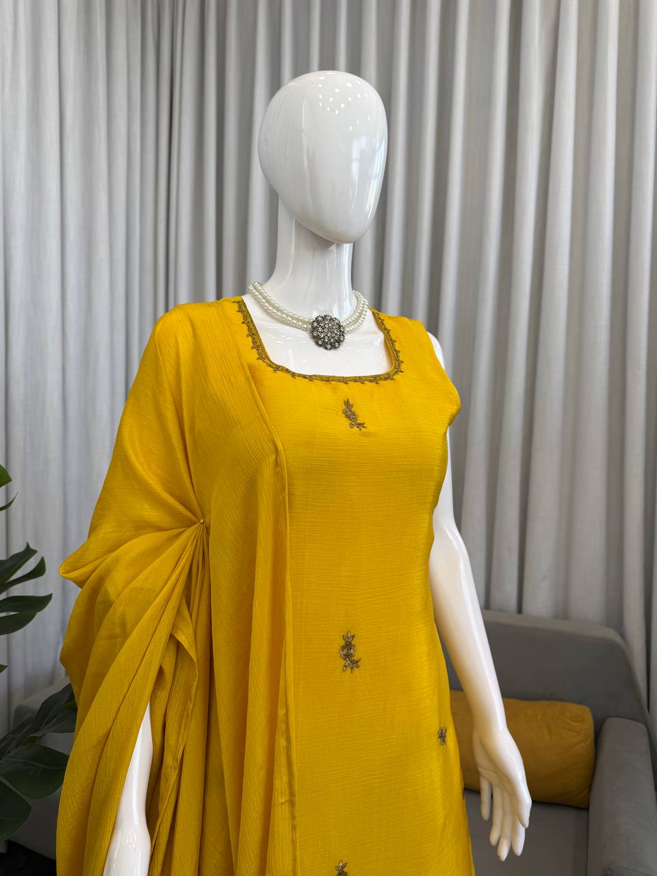 Mustard Yellow Embroidered Kurta Set with Sharara & Dupatta
