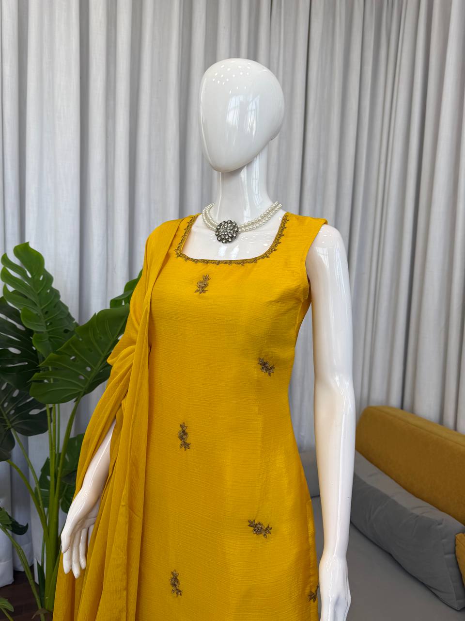 Mustard Yellow Embroidered Kurta Set with Sharara & Dupatta