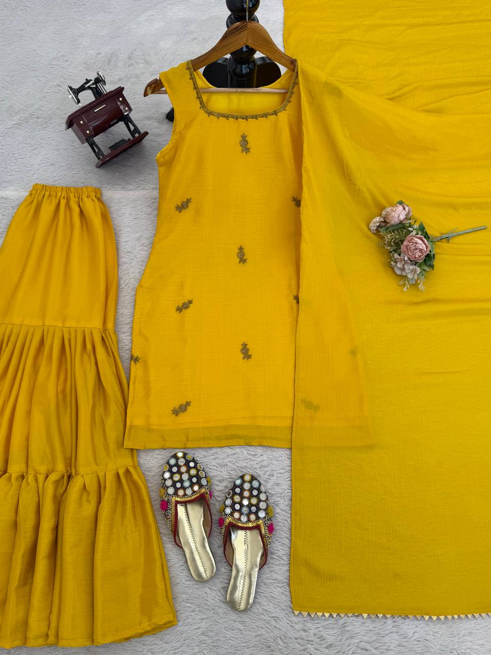 Mustard Yellow Embroidered Kurta Set with Sharara & Dupatta