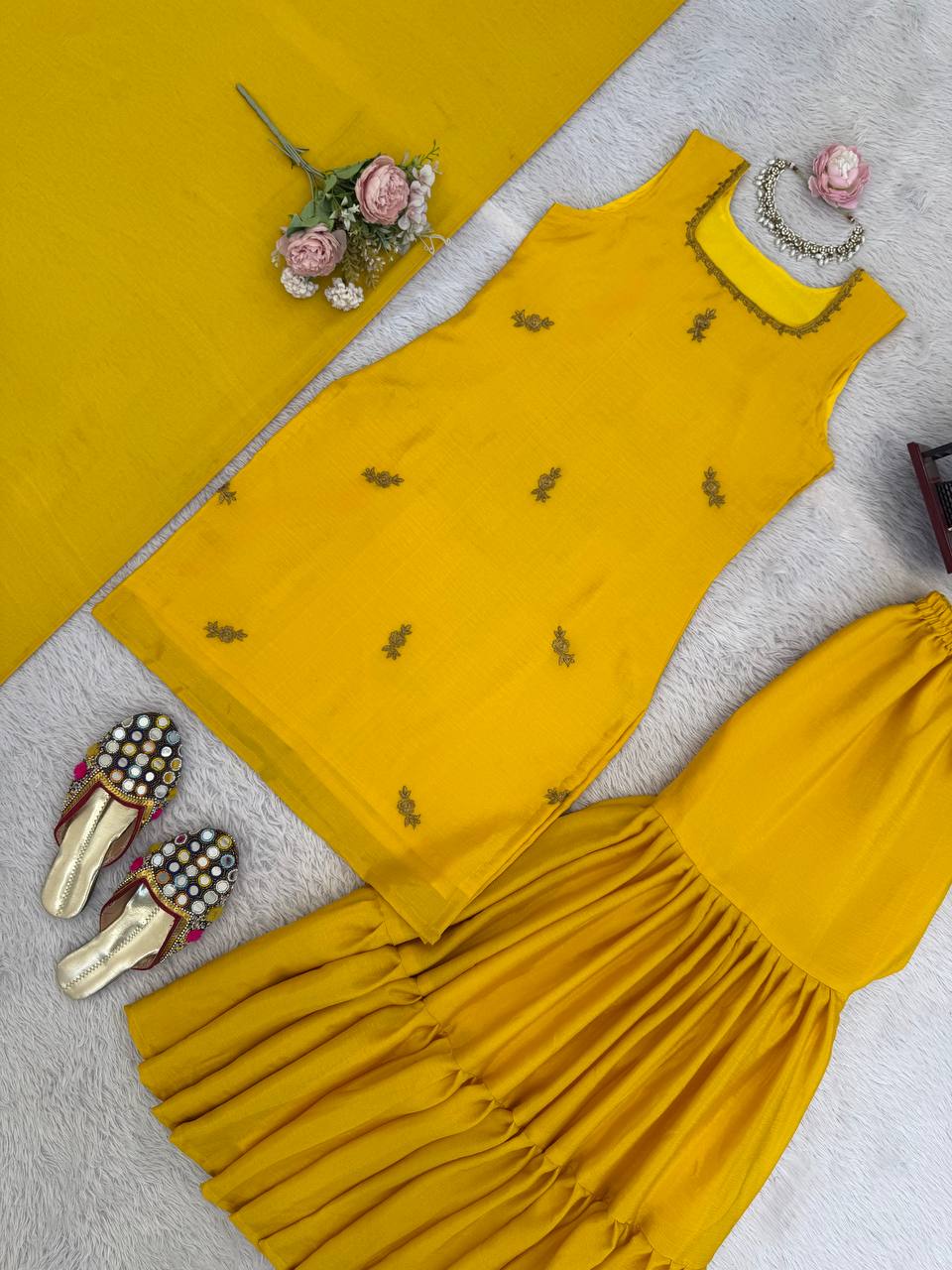 Mustard Yellow Embroidered Kurta Set with Sharara & Dupatta