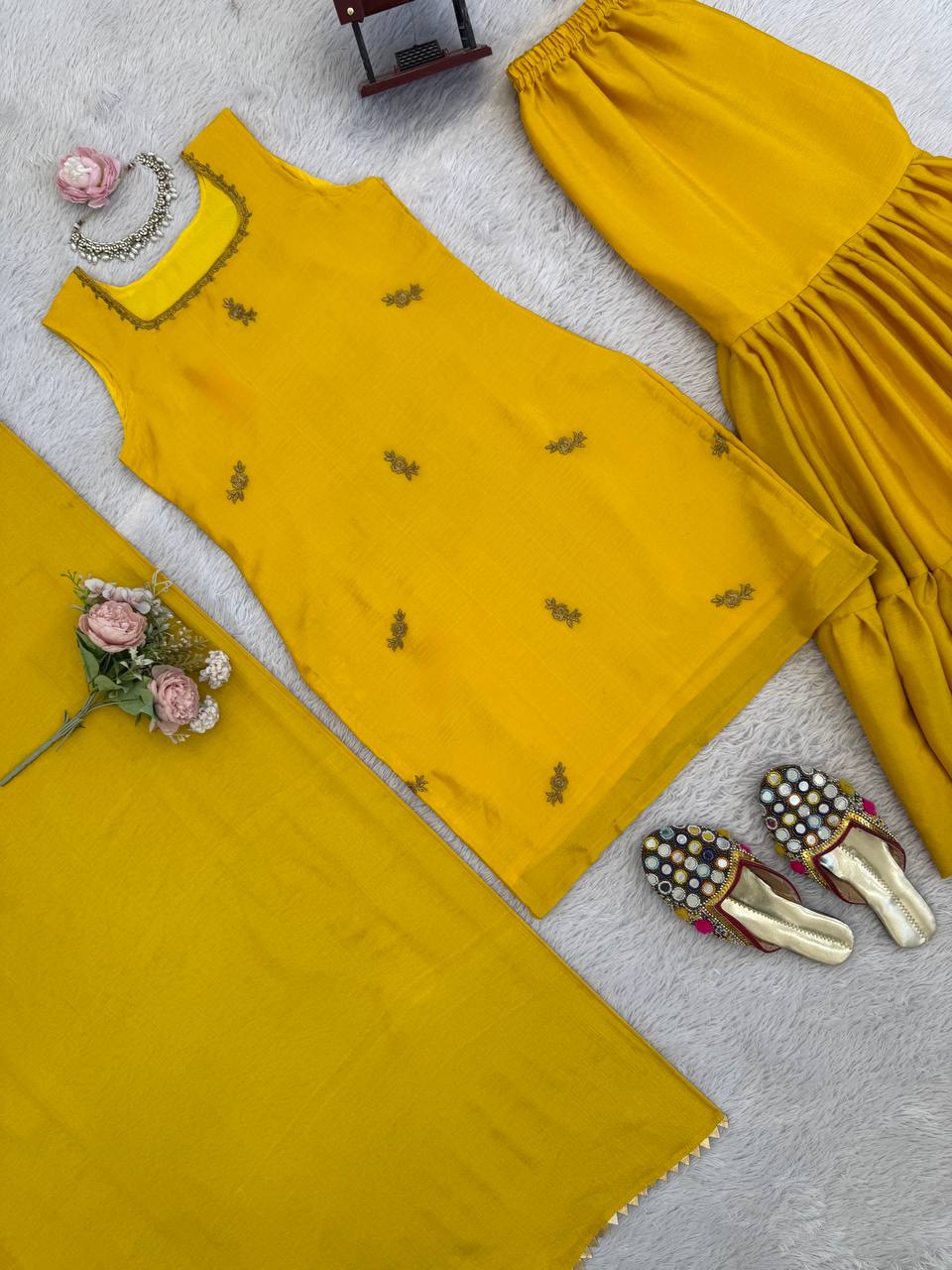 Mustard Yellow Embroidered Kurta Set with Sharara & Dupatta