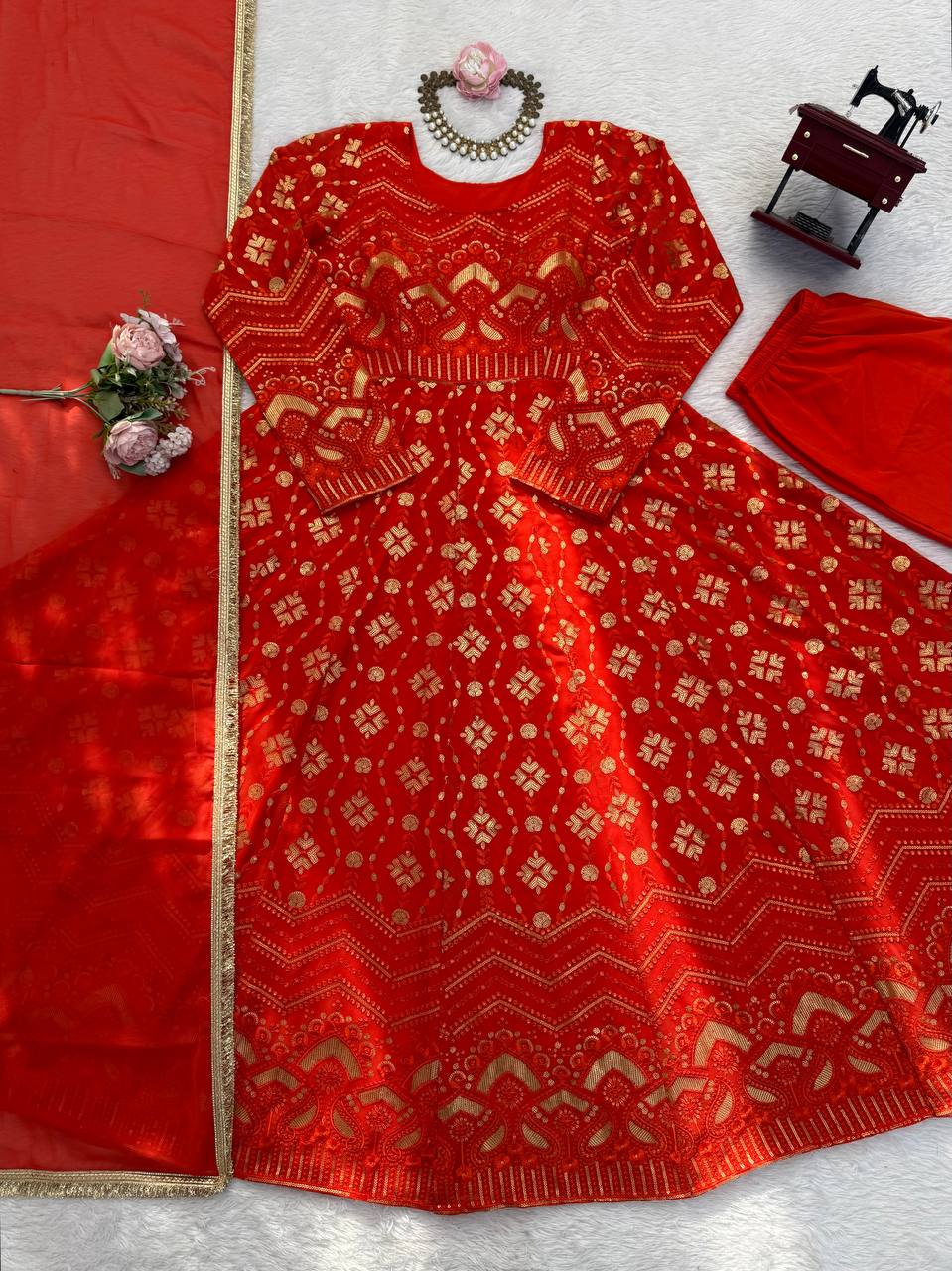 Red Bandhani Print Kurta Set with Dupatta & Straight Pants