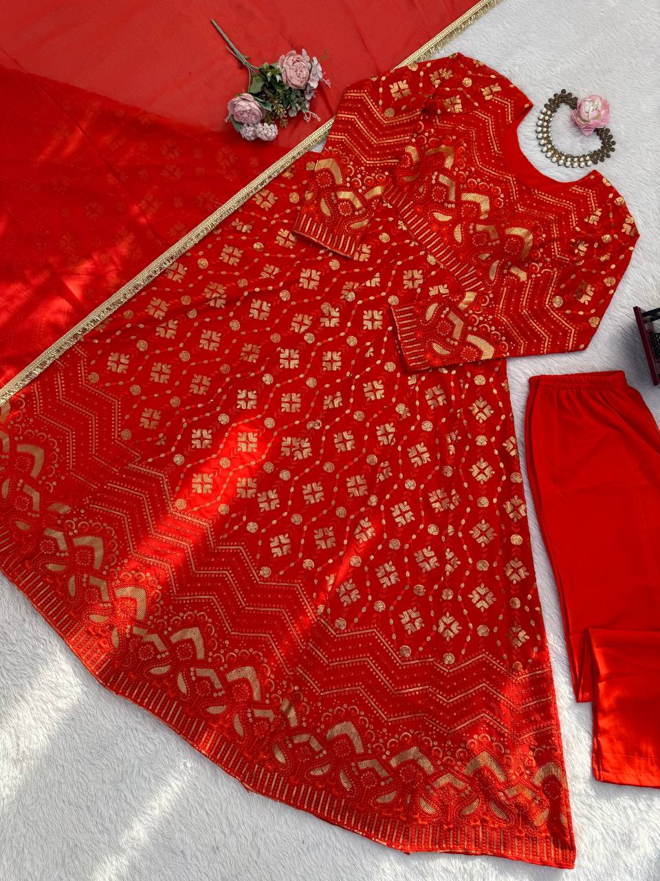 Red Bandhani Print Kurta Set with Dupatta & Straight Pants