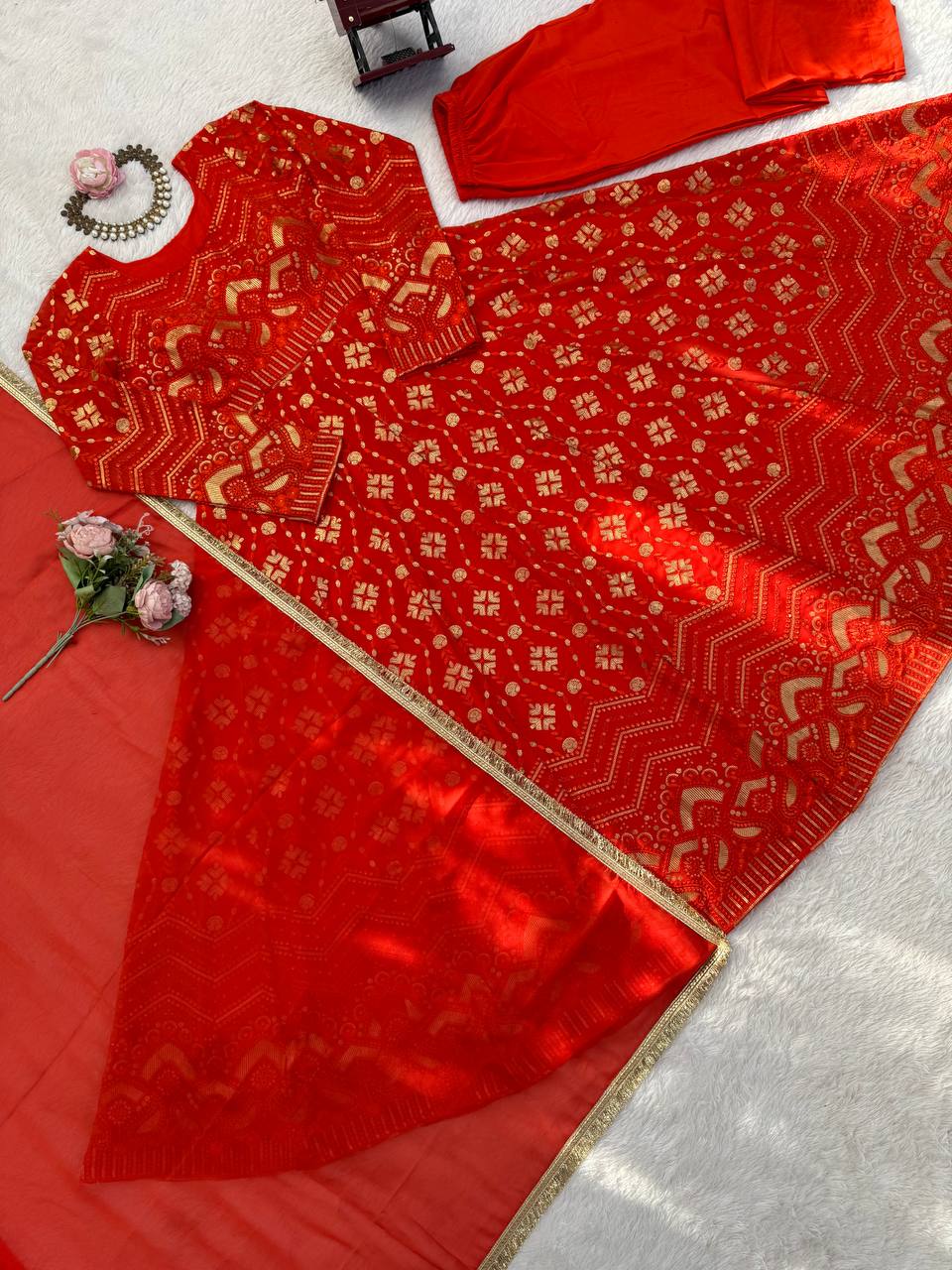 Red Bandhani Print Kurta Set with Dupatta & Straight Pants