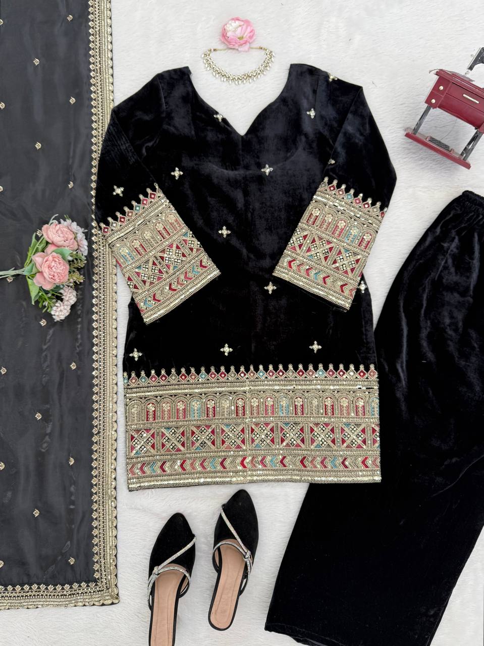 Royal Black Velvet Kurta Set with Heavy Ethnic Border & Sheer Dupatta