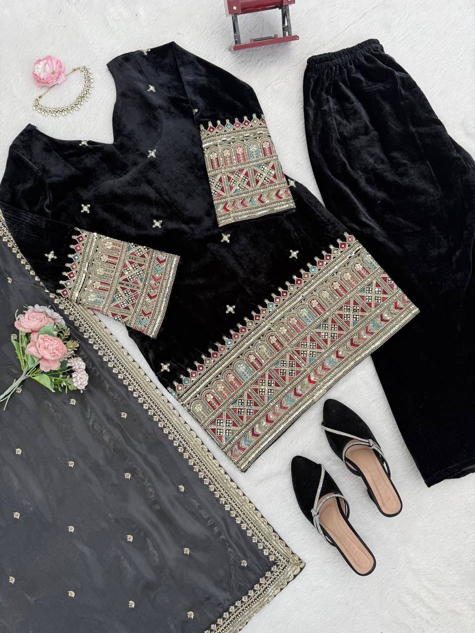 Royal Black Velvet Kurta Set with Heavy Ethnic Border & Sheer Dupatta