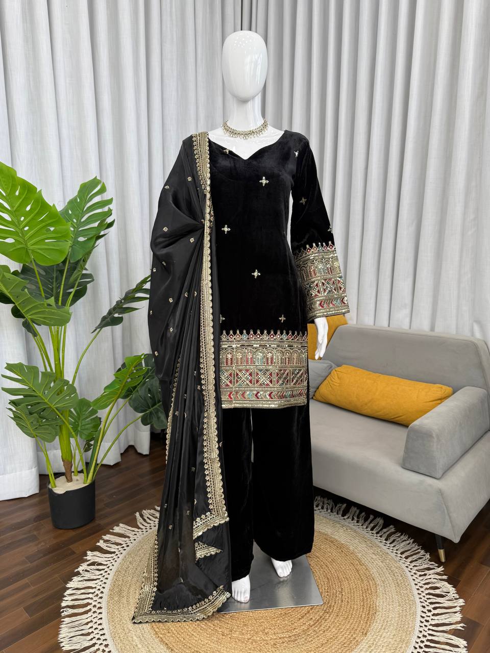 Royal Black Velvet Kurta Set with Heavy Ethnic Border & Sheer Dupatta