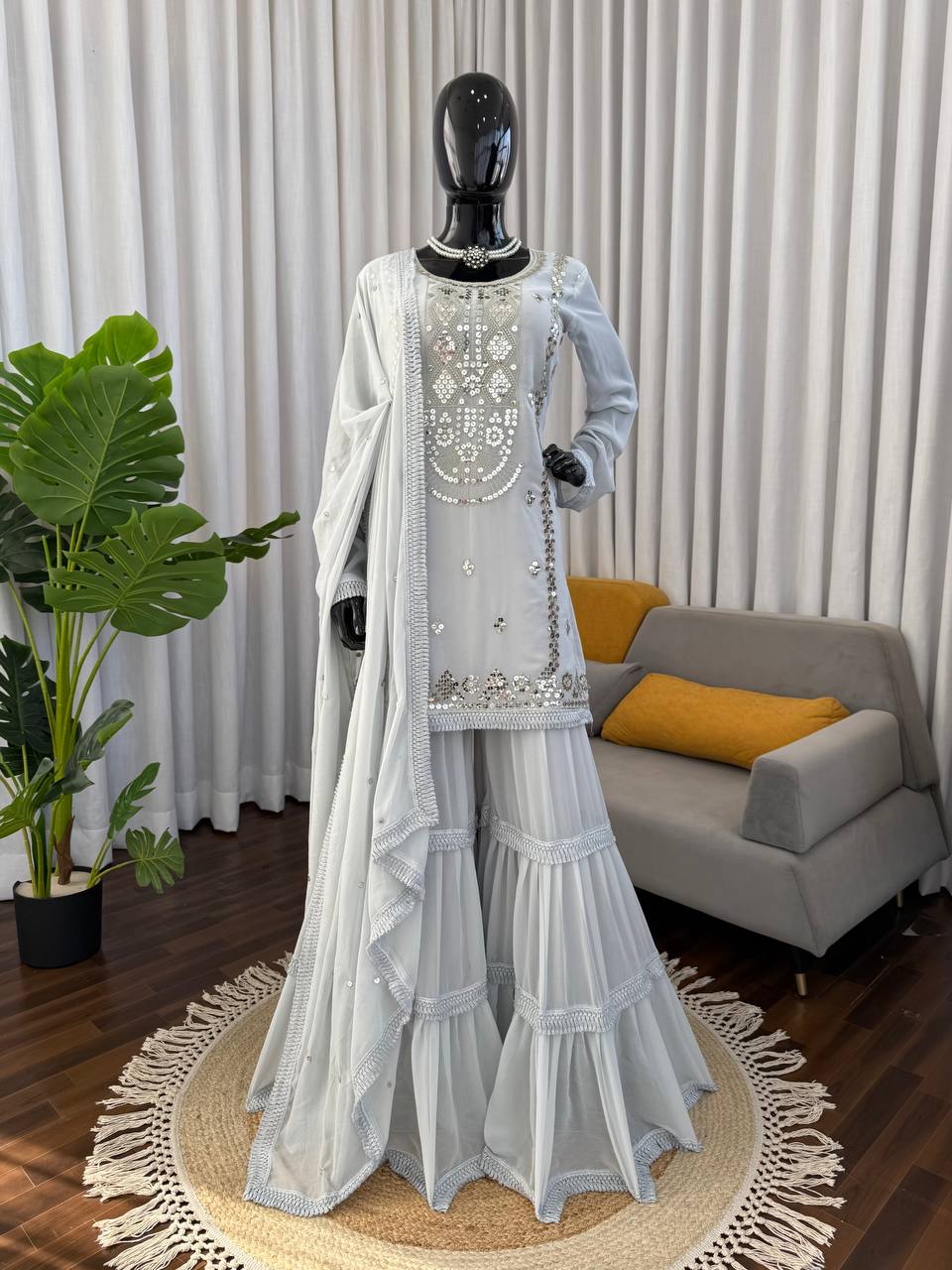 Royal Mirror Embellished Sharara Suit Set with Flowing Dupatta (3 Color Options)