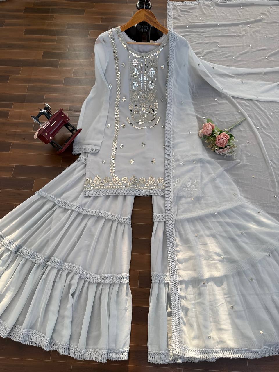 Royal Mirror Embellished Sharara Suit Set with Flowing Dupatta (3 Color Options)