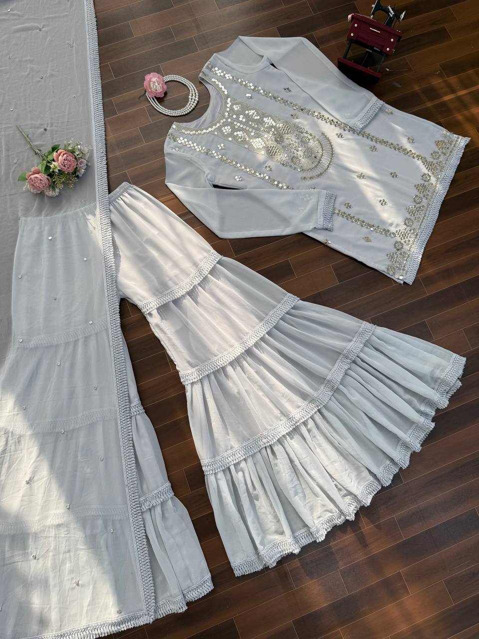 Royal Mirror Embellished Sharara Suit Set with Flowing Dupatta (3 Color Options)