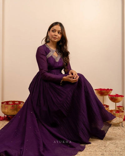 Regal Plum Embroidered Anarkali Suit Set with Flowing Dupatta