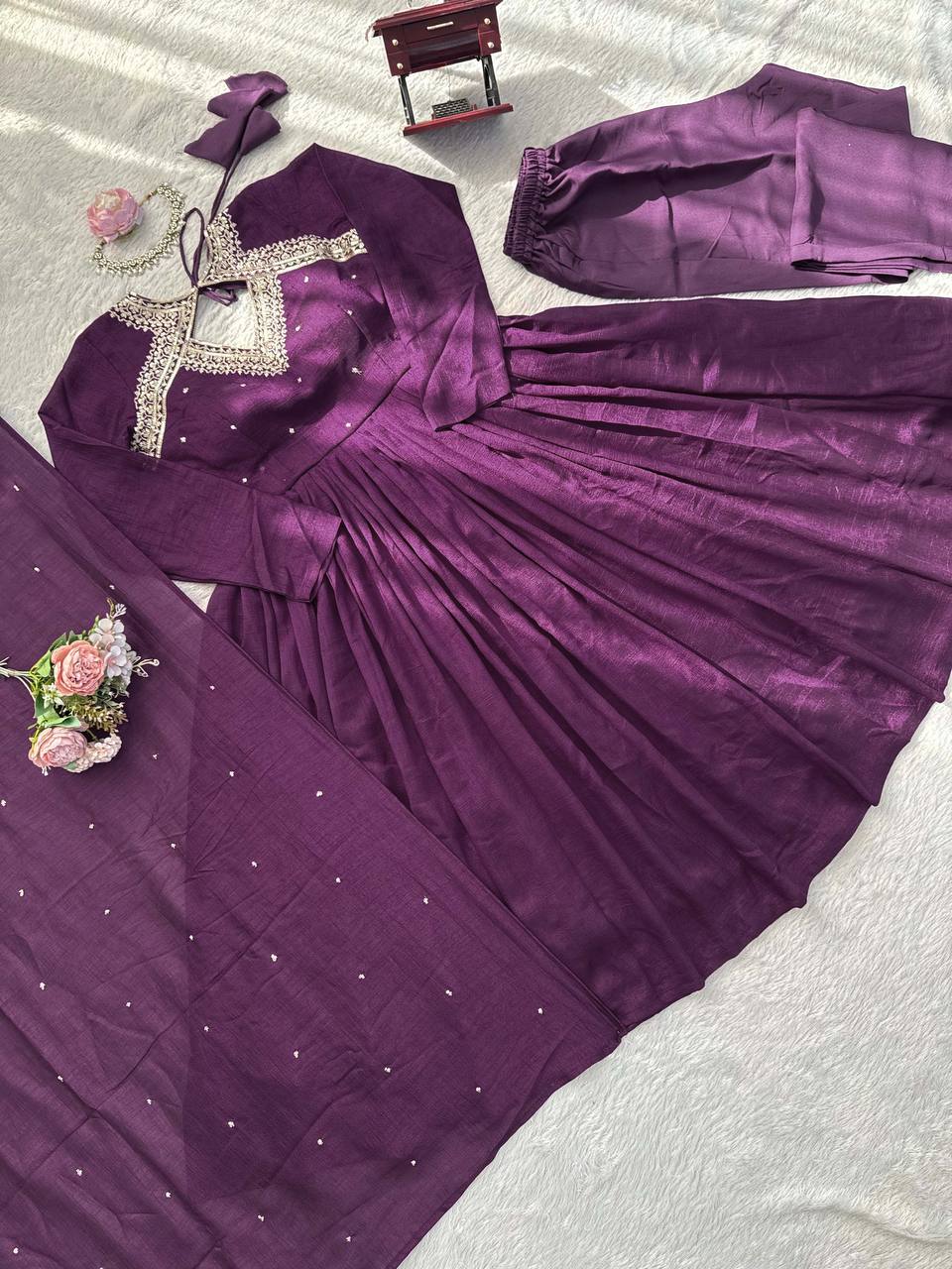 Regal Plum Embroidered Anarkali Suit Set with Flowing Dupatta