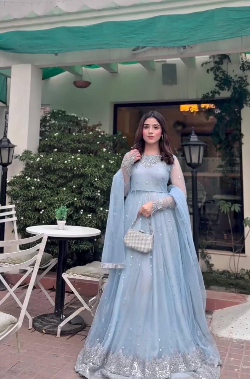 Celestial Powder Blue Heavily Embellished Anarkali Gown with Net Dupatta