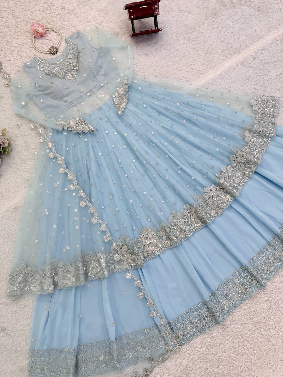 Celestial Powder Blue Heavily Embellished Anarkali Gown with Net Dupatta