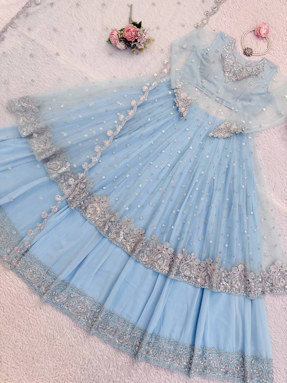 Celestial Powder Blue Heavily Embellished Anarkali Gown with Net Dupatta