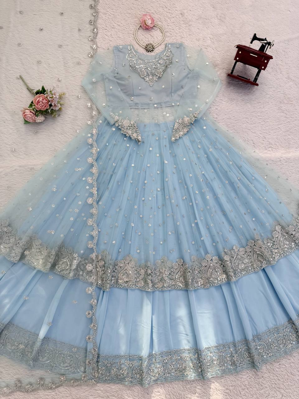 Celestial Powder Blue Heavily Embellished Anarkali Gown with Net Dupatta