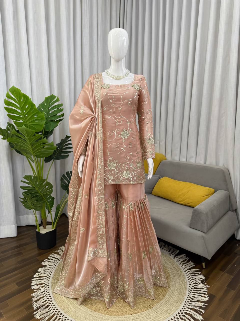 Blush Peach Luxury Embroidered Kurta Sharara Set with Organza Dupatta