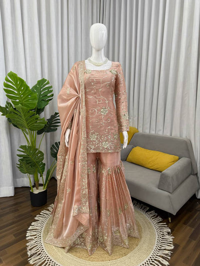 Blush Peach Luxury Embroidered Kurta Sharara Set with Organza Dupatta