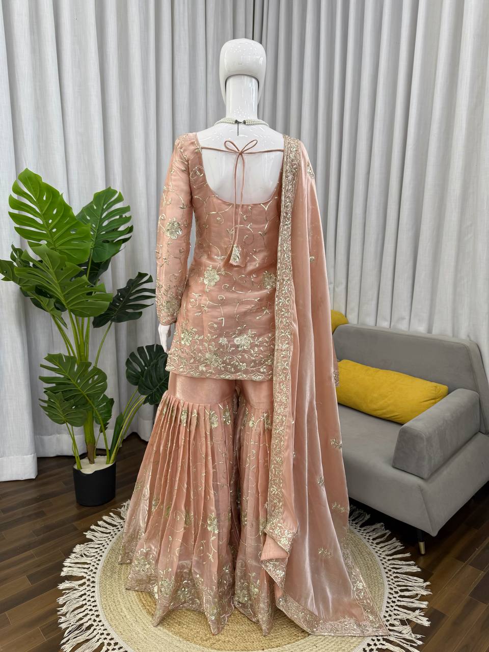 Blush Peach Luxury Embroidered Kurta Sharara Set with Organza Dupatta