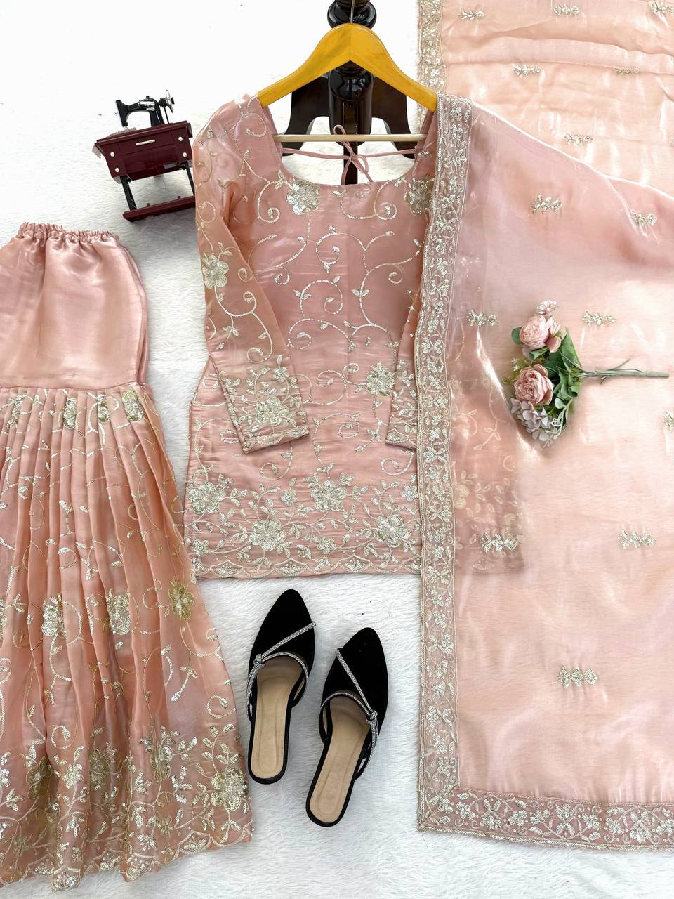 Blush Peach Luxury Embroidered Kurta Sharara Set with Organza Dupatta