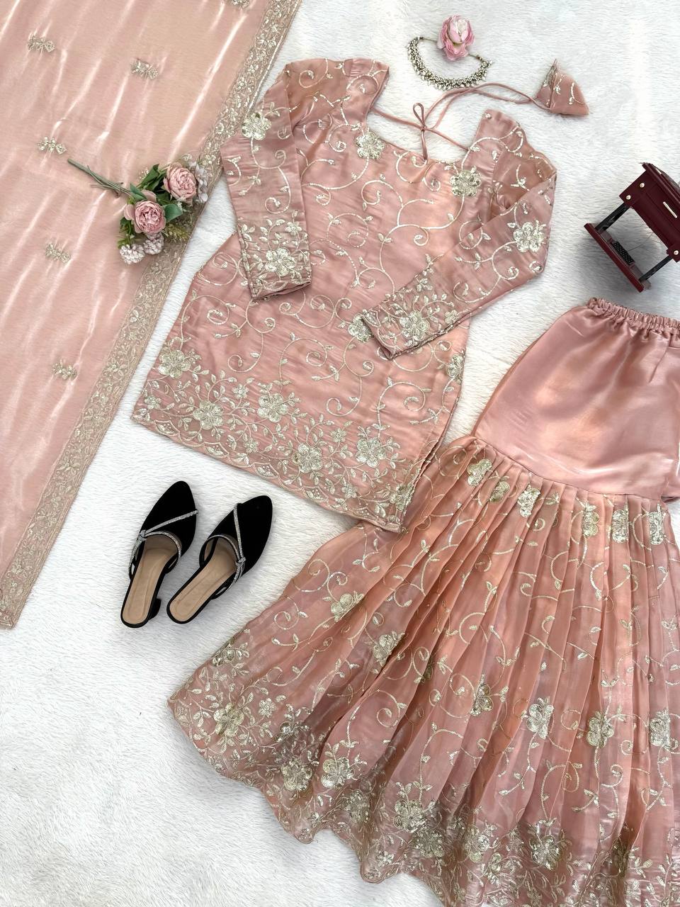 Blush Peach Luxury Embroidered Kurta Sharara Set with Organza Dupatta