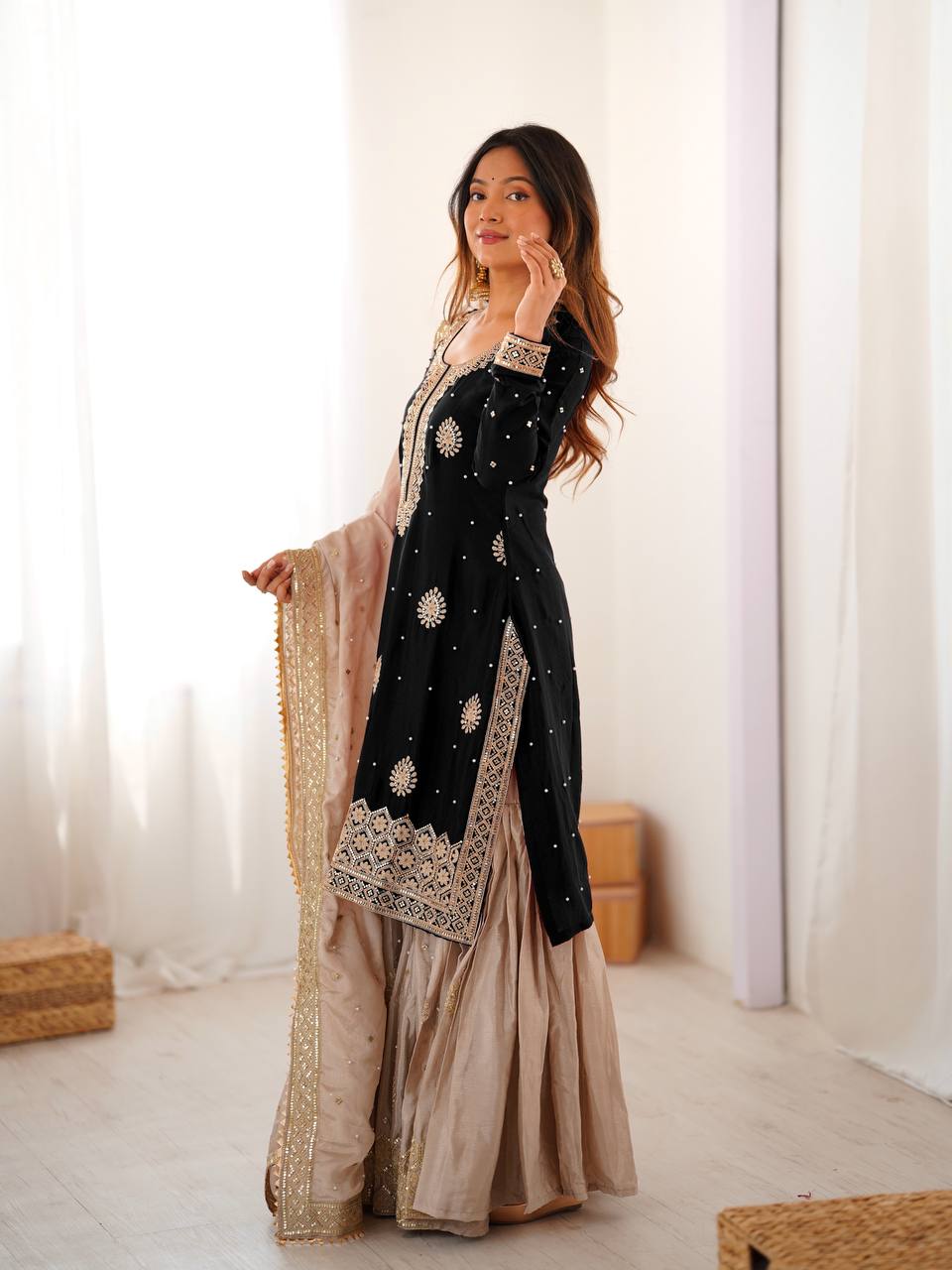 Elegant Embroidered Kurta Sharara Set with Dupatta – Festive Wear (4 Colors)
