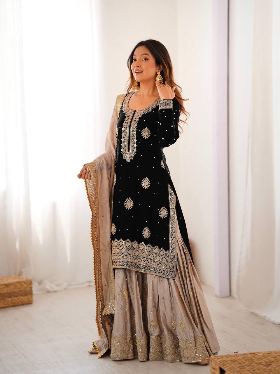 Elegant Embroidered Kurta Sharara Set with Dupatta – Festive Wear (4 Colors)