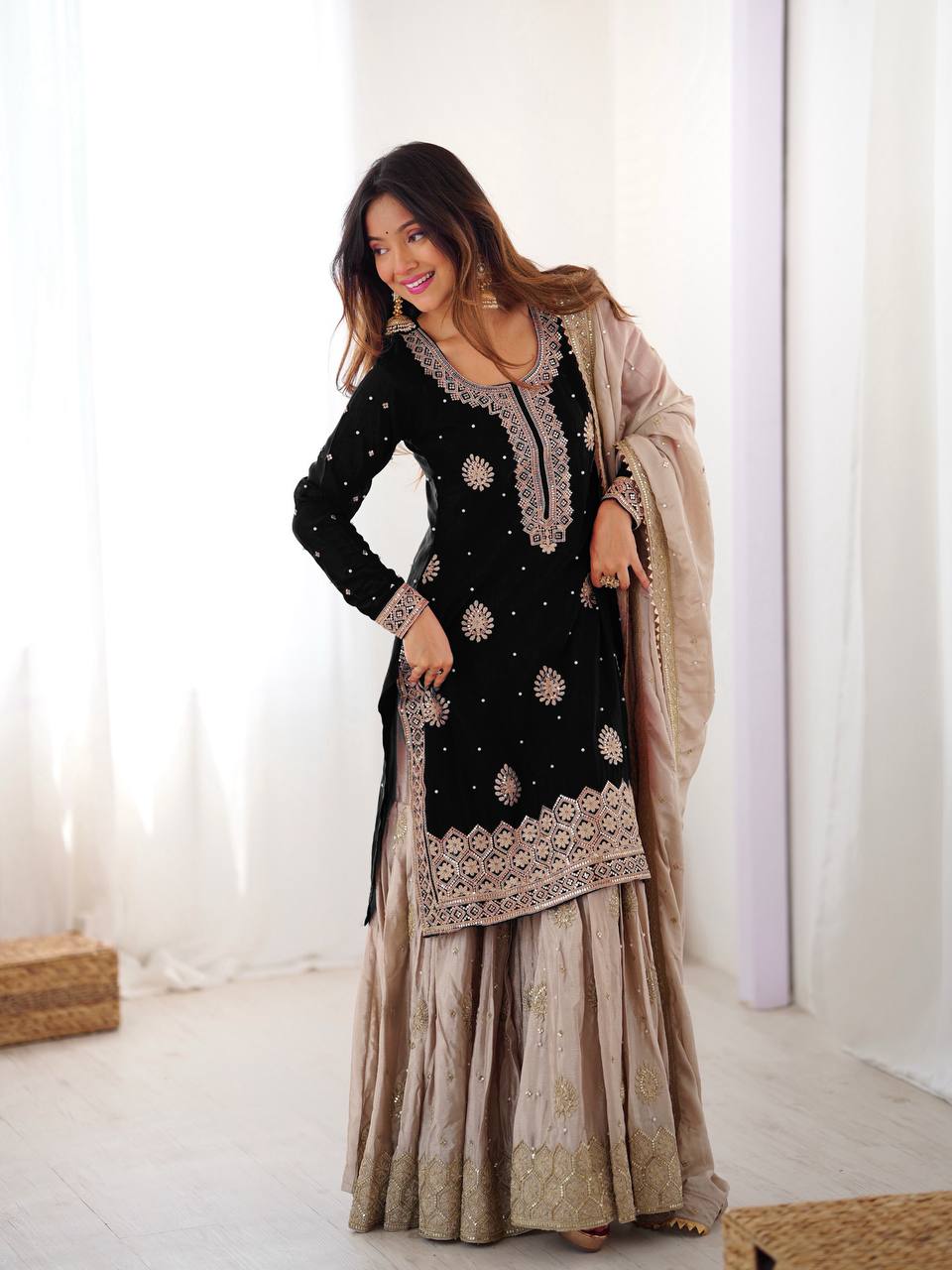 Elegant Embroidered Kurta Sharara Set with Dupatta – Festive Wear (4 Colors)