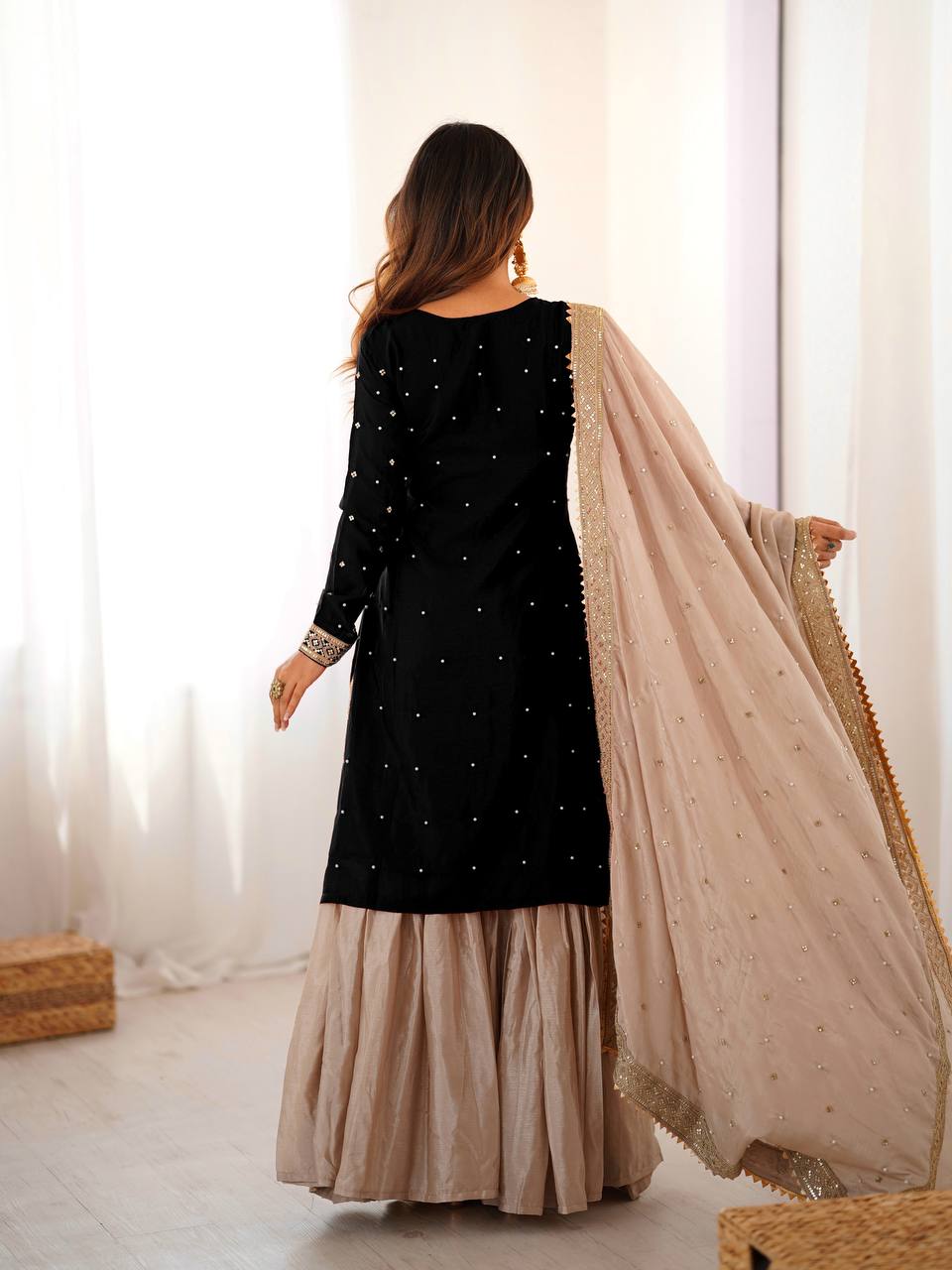 Elegant Embroidered Kurta Sharara Set with Dupatta – Festive Wear (4 Colors)
