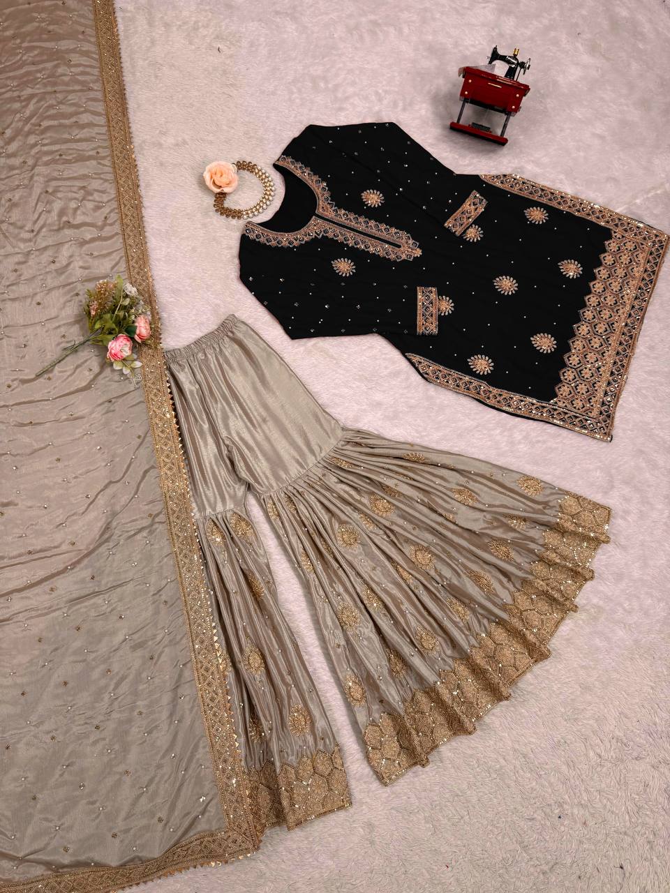 Elegant Embroidered Kurta Sharara Set with Dupatta – Festive Wear (4 Colors)