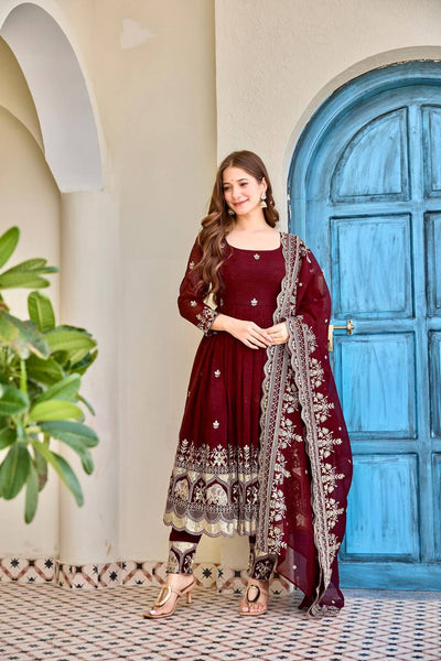 Luxury Embroidered Anarkali Suit Set with Heavy Border Dupatta (3 Color Options)