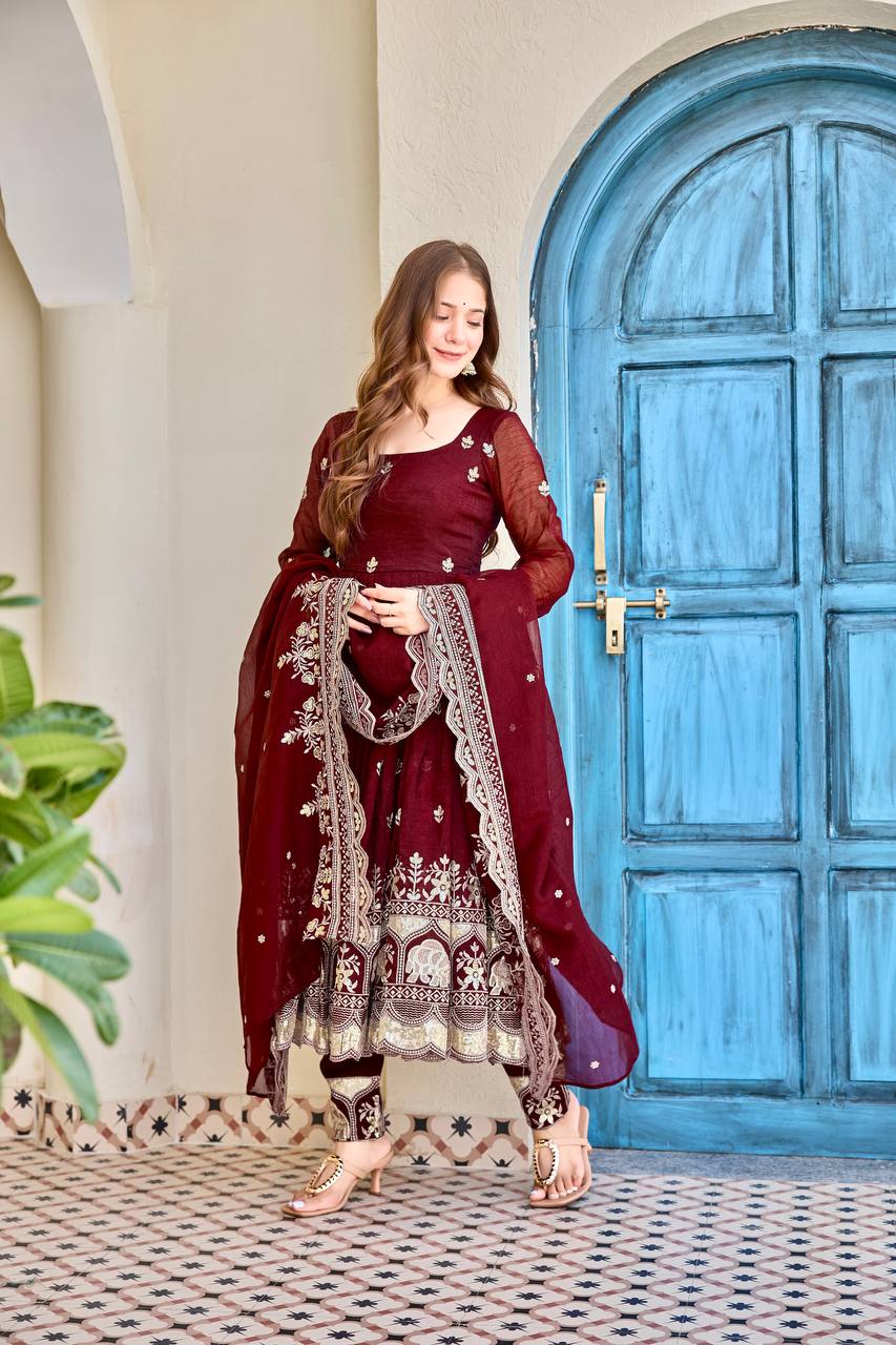 Luxury Embroidered Anarkali Suit Set with Heavy Border Dupatta (3 Color Options)