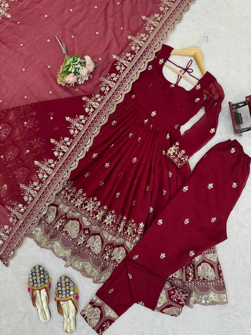 Luxury Embroidered Anarkali Suit Set with Heavy Border Dupatta (3 Color Options)