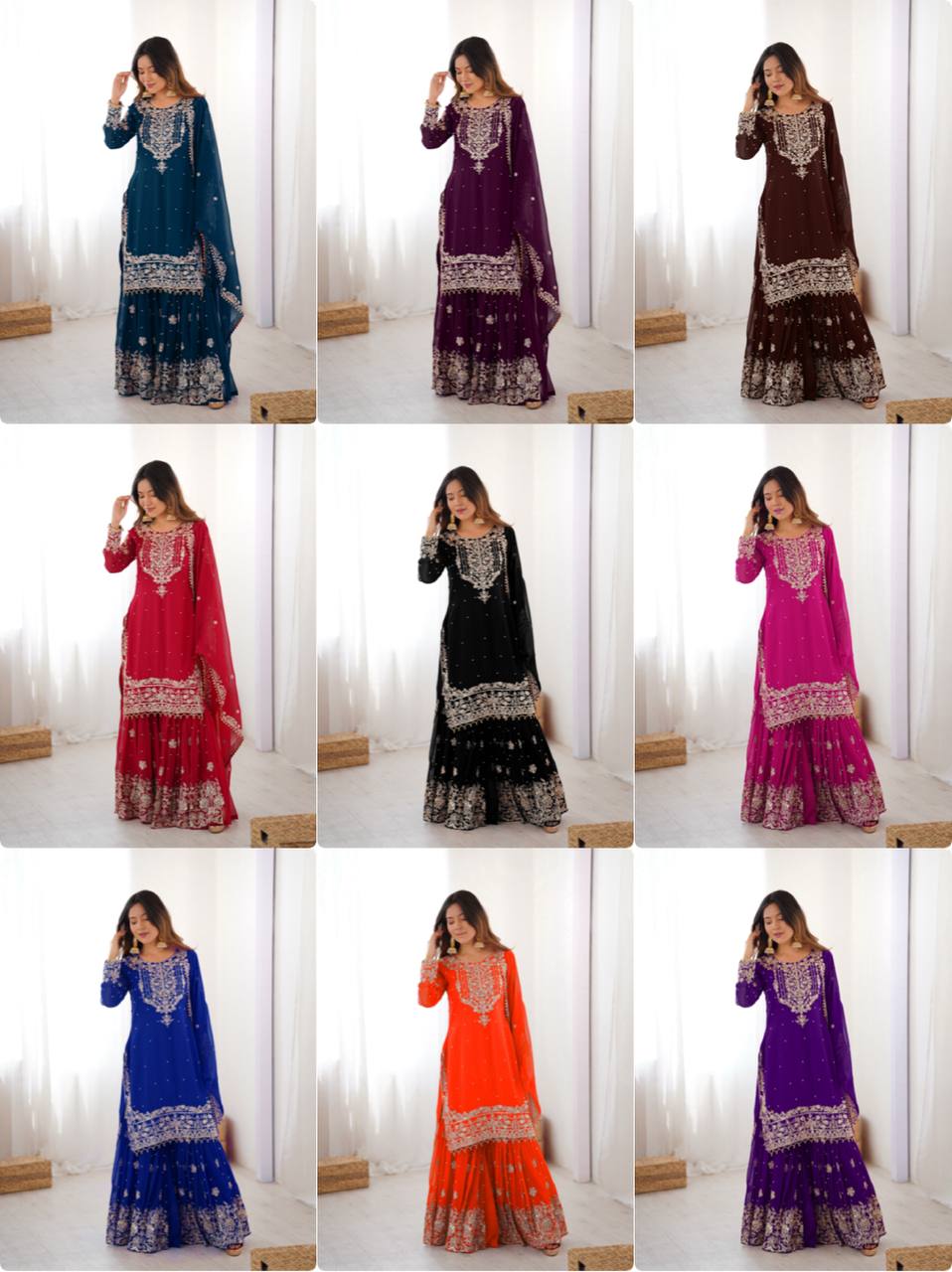 Designer Heavy Embroidered Kurta Sharara Suit Set with Dupatta | 10 Color Options