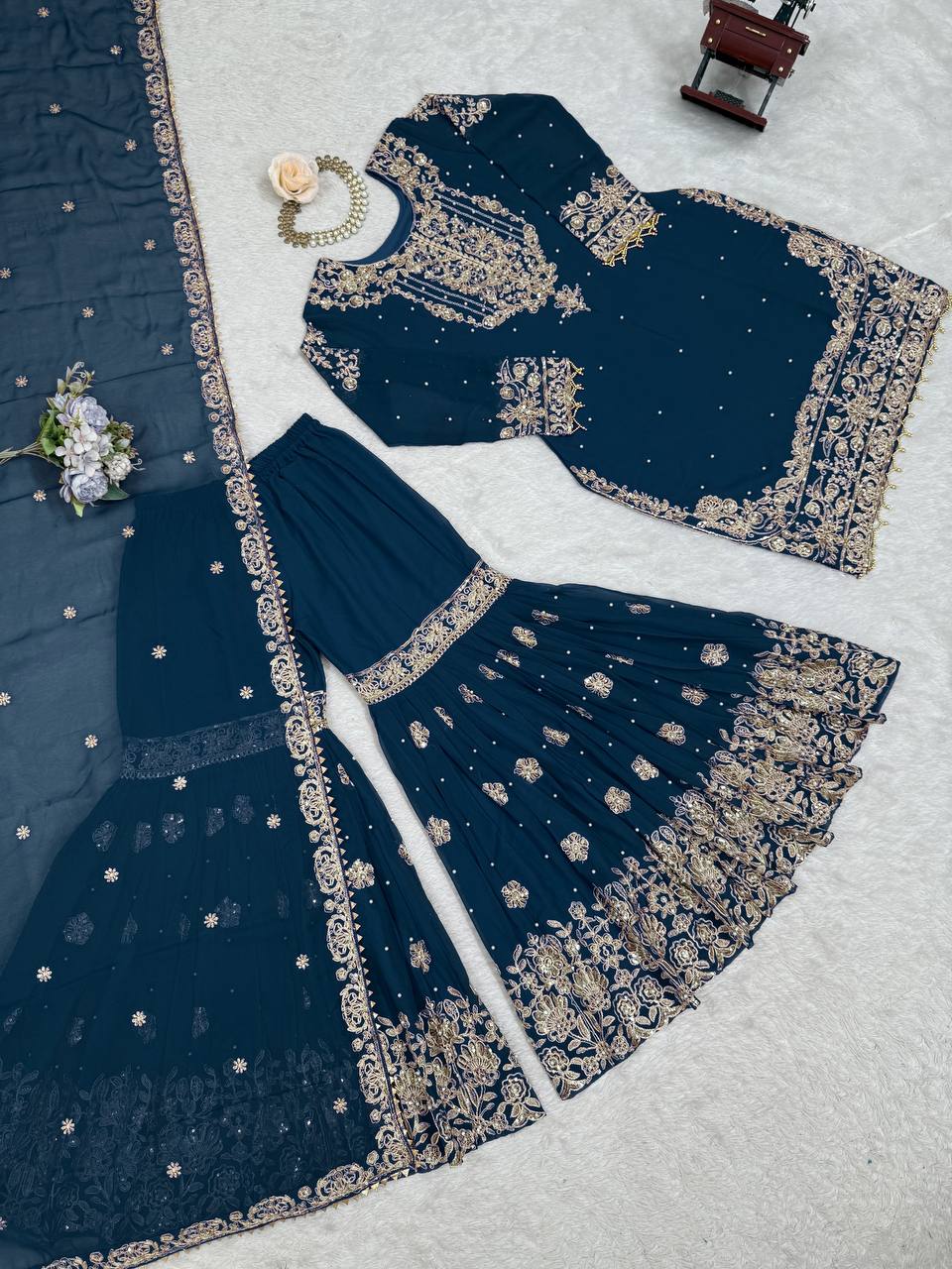 Designer Heavy Embroidered Kurta Sharara Suit Set with Dupatta | 10 Color Options