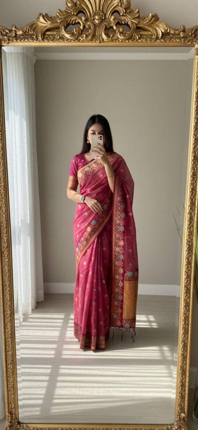 Rosewood Blush Premium Luxury Silk Saree with Antique Gold Butti Weave & Multicolour Floral Zari Border